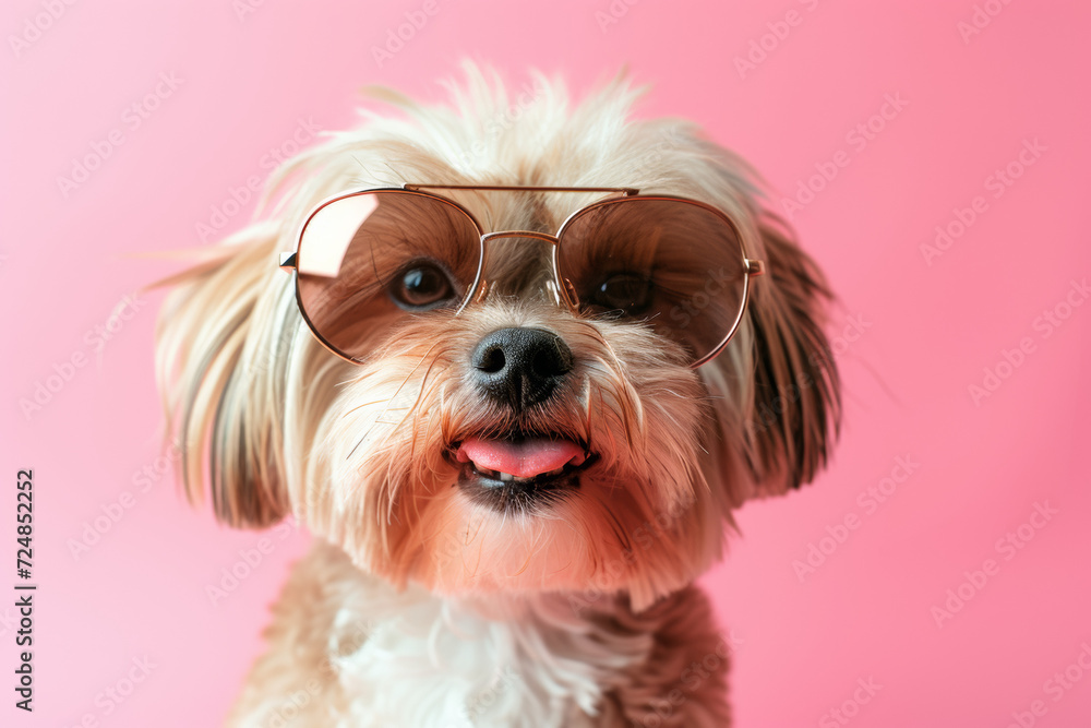 Obraz premium dog wearing sunglasses on pastel background.