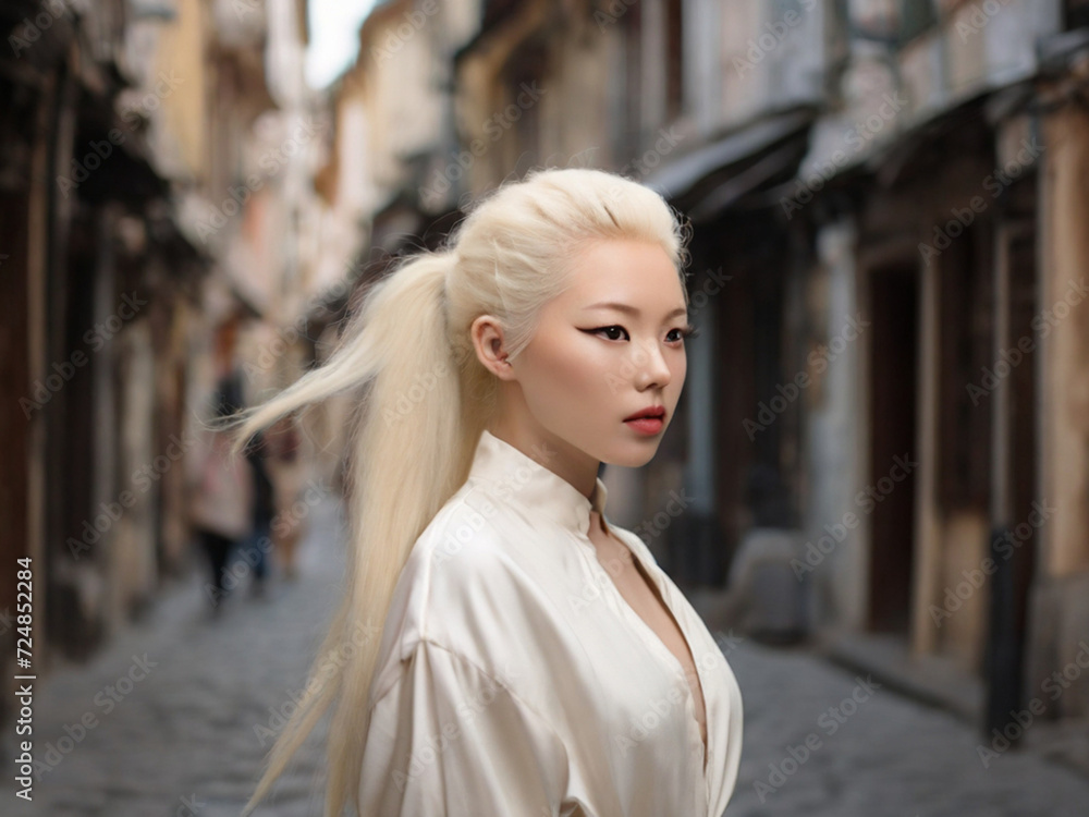 an albino girl of Asian appearance walks along narrow streets with cobblestones