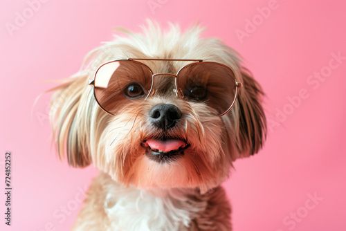 dog wearing sunglasses on pastel background.