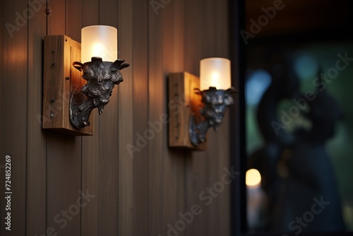 glowing exterior wall sconces in darkness photo