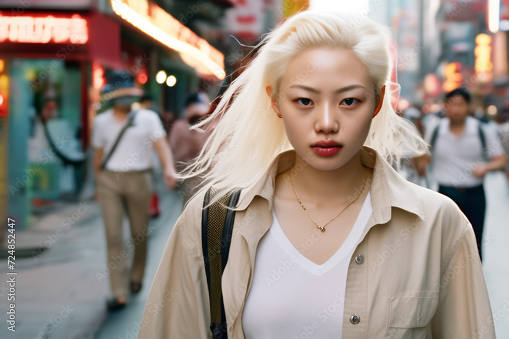 an albino girl of Asian appearance walks along the noisy streets of a noisy metropolis