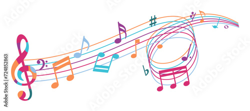 Color music sheet with music notes symbols, flat design vector illustration