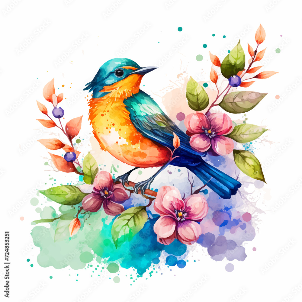 Hello spring bird watercolor paint 