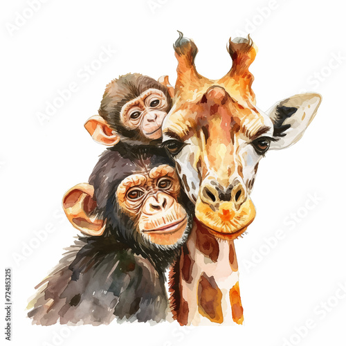  Cute monkeys with giraffe watercolor paint.