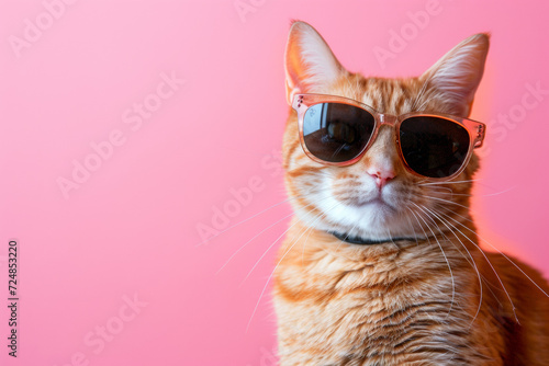 cat wearing sunglasses on pastel background.