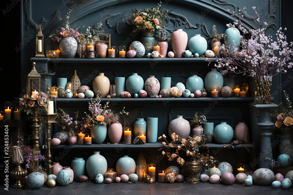 Easter decor with eggs and candles in pastel colors.