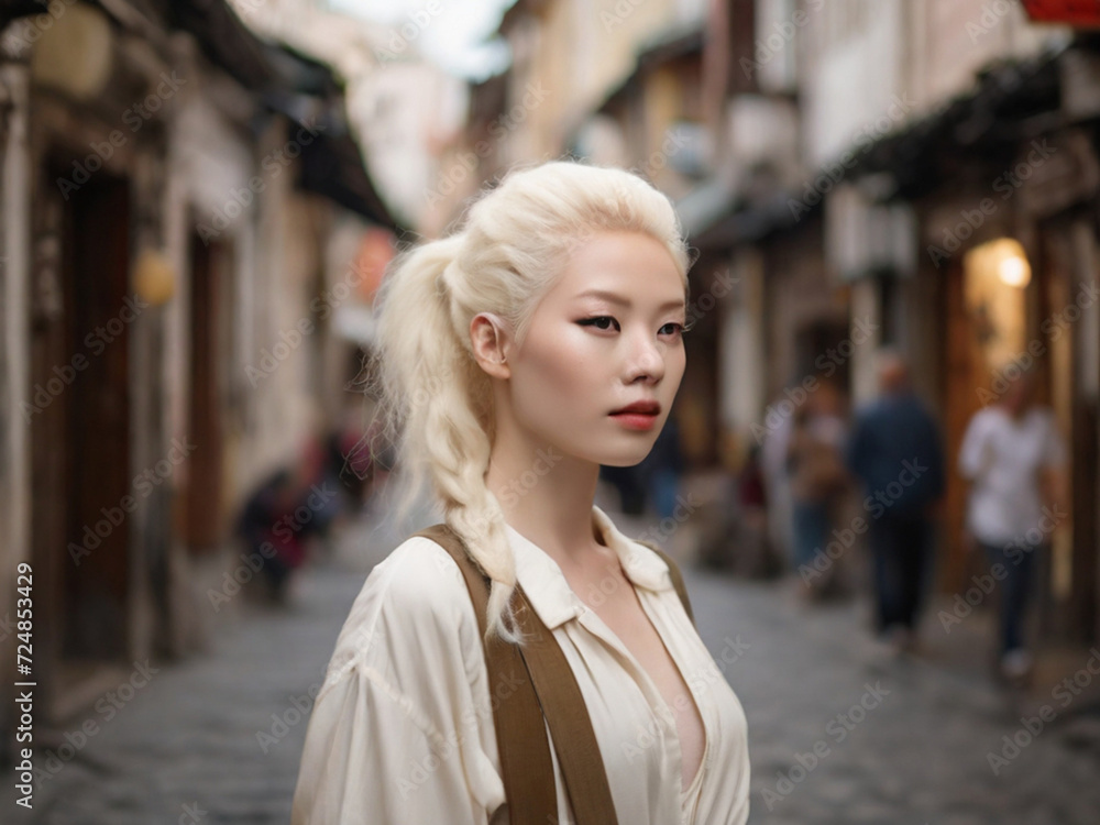 an albino girl of Asian appearance walks along narrow streets with cobblestones