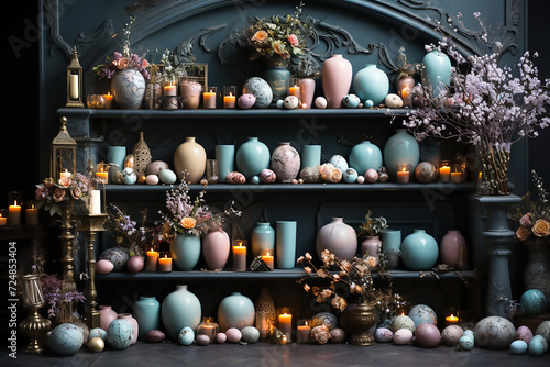 Easter decor with eggs and candles in pastel colors. © voisine574