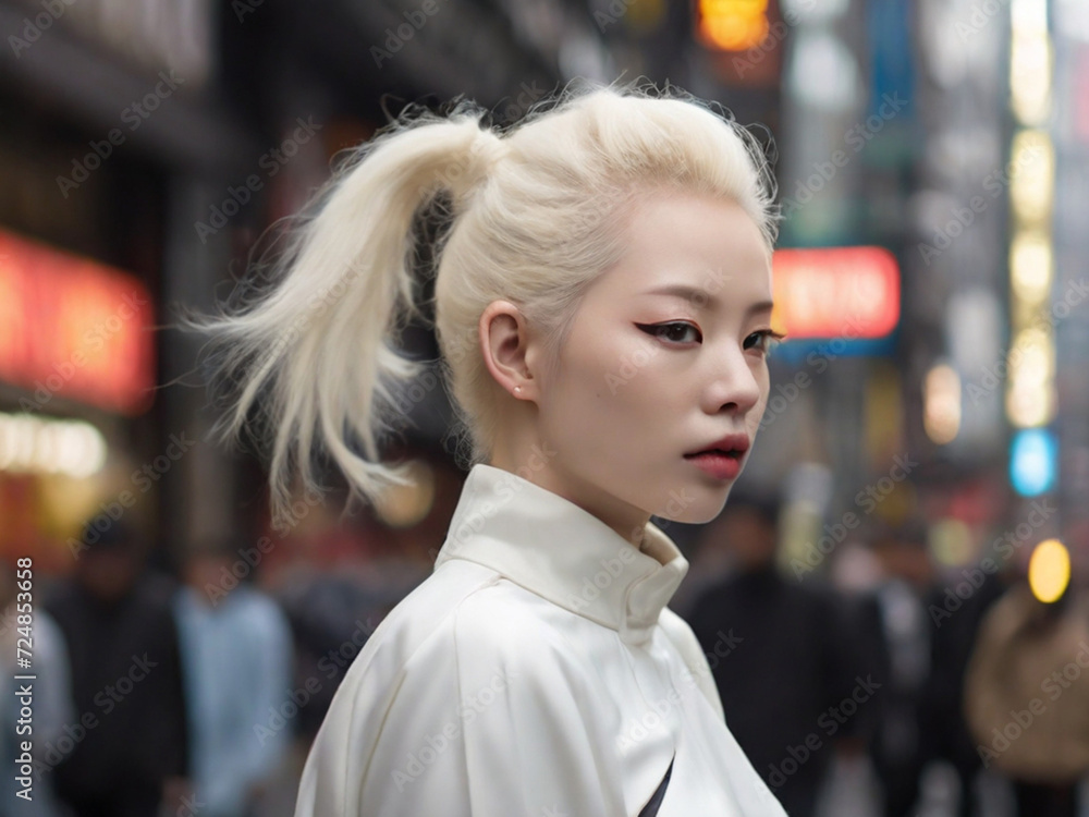an albino girl of Asian appearance walks along the noisy streets of a noisy metropolis