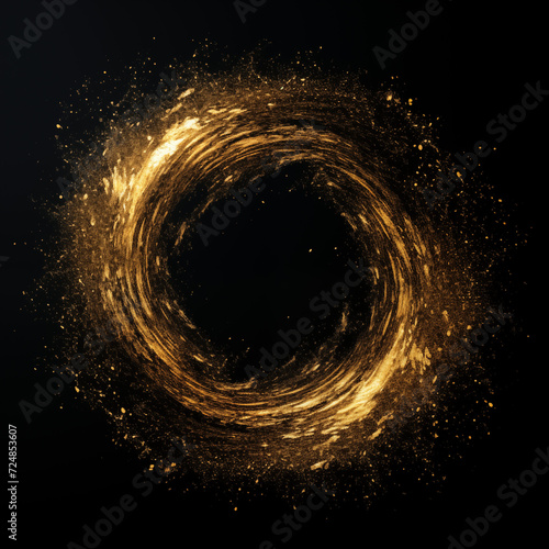 Gold glitter circle frame space with shine sparkle glowing stars on black background isolated