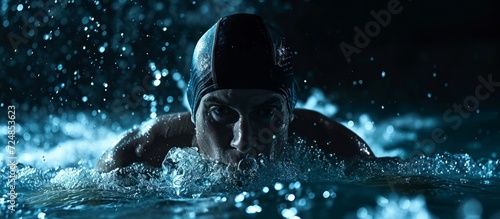 A committed triathlete trains rigorously at night in freezing water, displaying dedication and resilience for an upcoming swim competition. photo