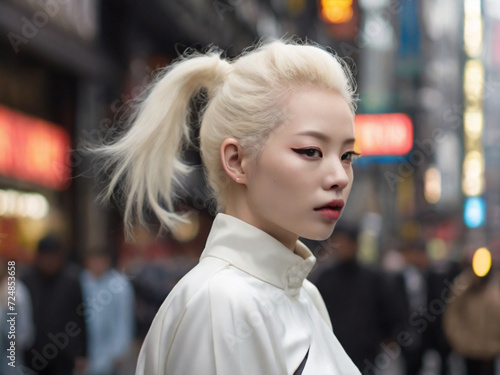 Obraz na płótnie an albino girl of Asian appearance walks along the noisy streets of a noisy metropolis w salonie