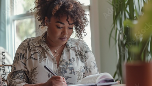 black woman with curly hair writes in a notebook with a pen in her home