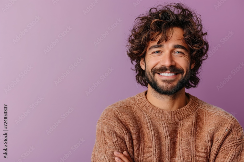 medium shot of a young cheerful man with beard and curly brown hair, arms crossed, brown sweater, in front of a purple background, copy space