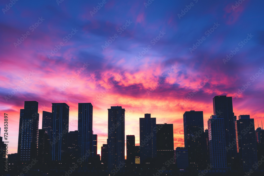 Dawn unfold over a city skyline silhouette, with towering skyscrapers in a scenic urban landscape, creating a panoramic cityscape that captures the essence of modern architecture.