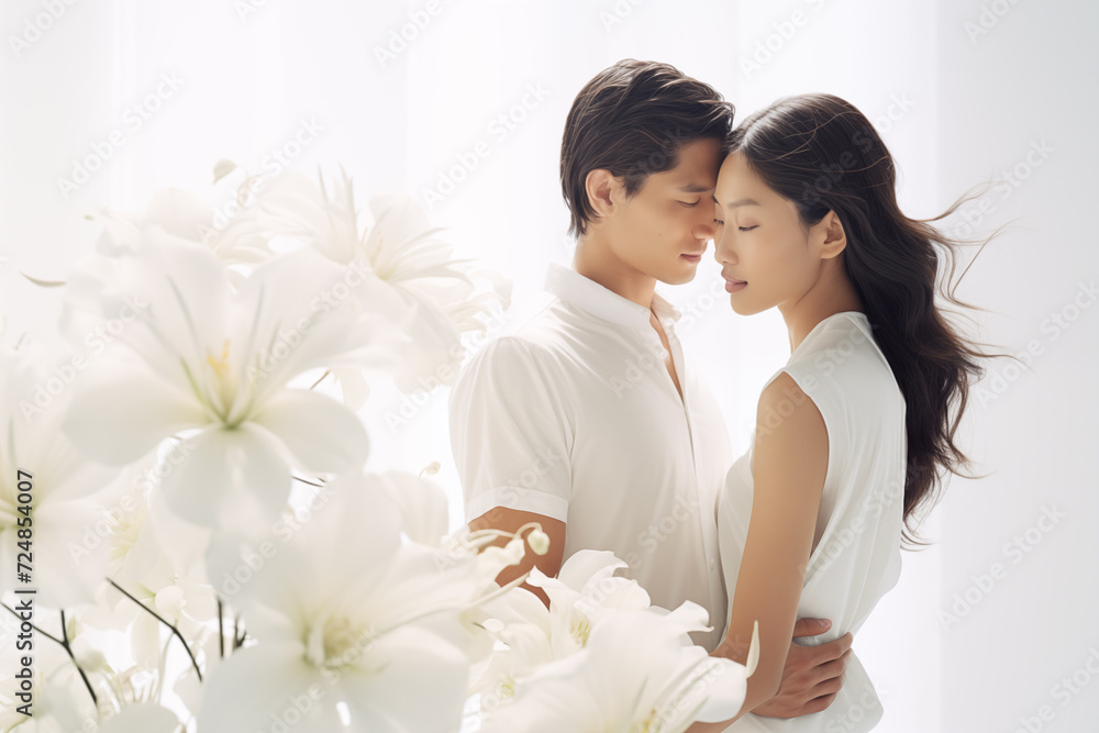 Celebrating White day. Young Asian couple in lovel Flowers and gifts Celebrating White day. Young Asian couple in lovel Flowers and gifts