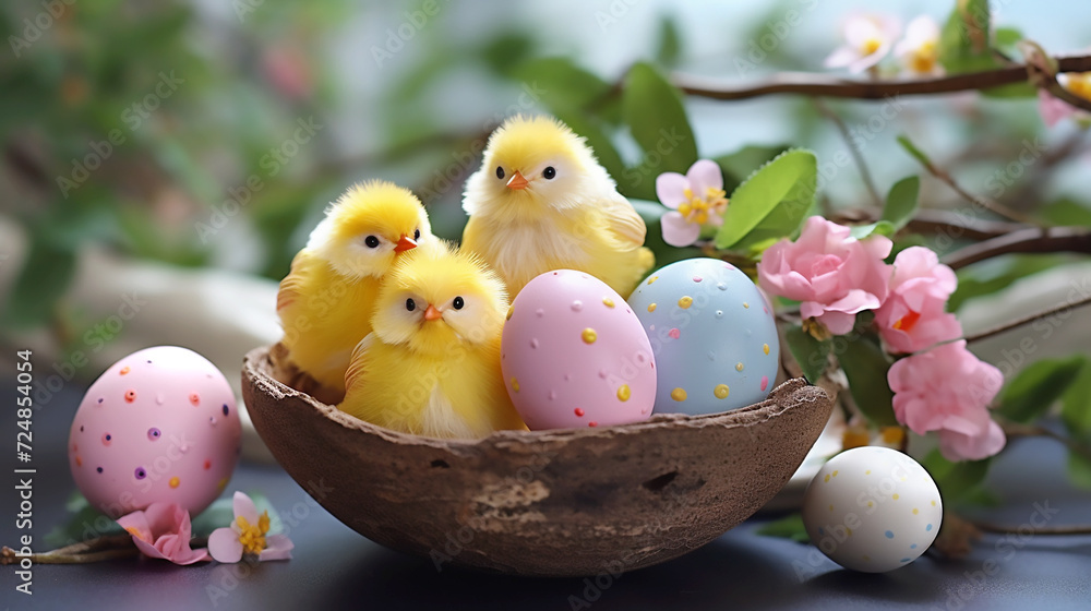 Three baby chickens and painted eggs on background of pink flower