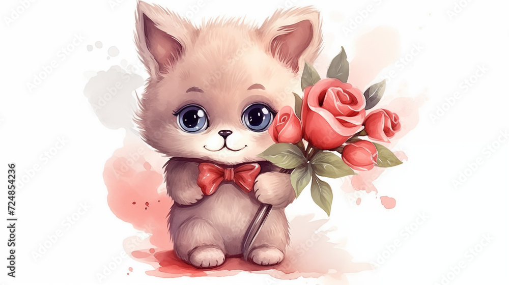 Adorable Kitten Illustration with Rose Bouquet and Bow Tie