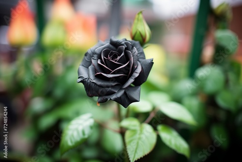 a striking black rose amidst a plethora of greenery