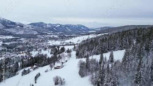 Panoramic drone view of the mountains in winter. The most popular mountain place in the Polish Tatra Mountains - Zakopane