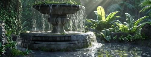 a 3d stone fountain set in a tropical garden with wat