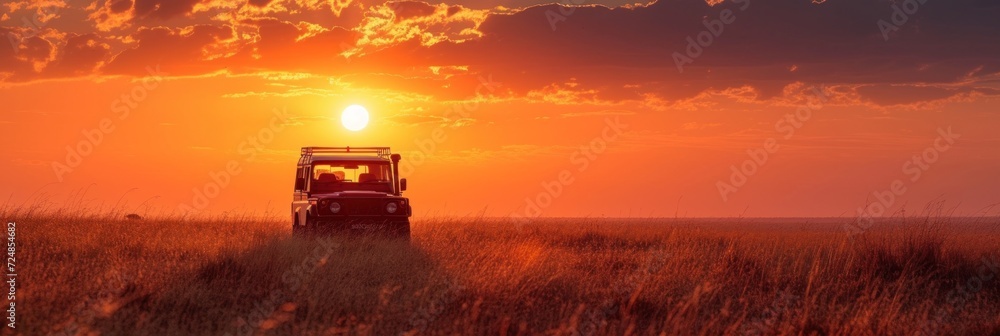 Jeep safari in Africa at sunrise