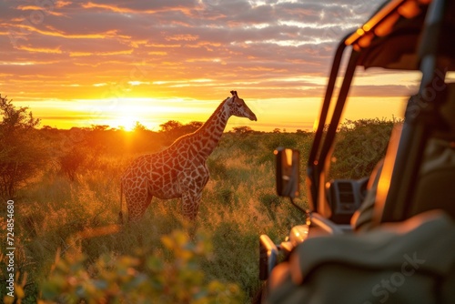 jeep safari in Africa at sunrise with Giraffe photo