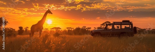 jeep safari in Africa at sunrise with Giraffe