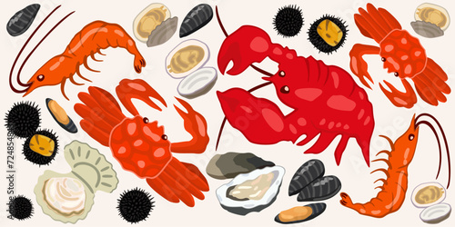 Vector set of marine animals. Shrimps, crabs, lobster, clam, oyster, sea urchin, scallop, mussel.