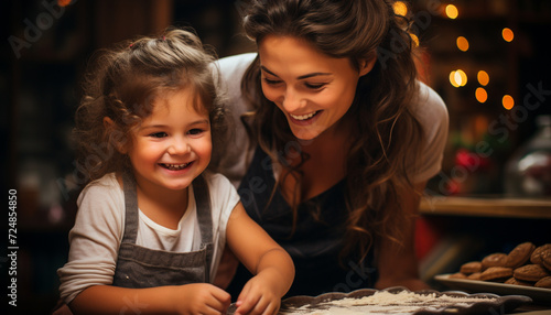Smiling child and mother baking cookies together generated by AI