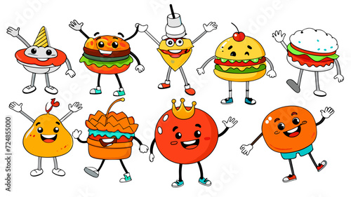 Whimsical Retro Cartoon Burger Characters Feature Charismatic Buns  Lively Patties  And Cheerful Toppings