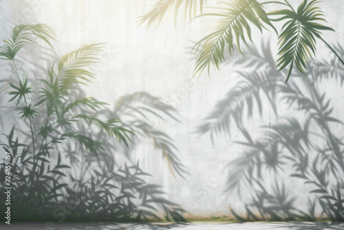 Beautiful shadows of a tropical tree on a blank concrete wall.