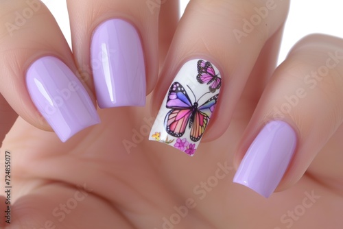 lilac nail polish with spring butterfly decals applied