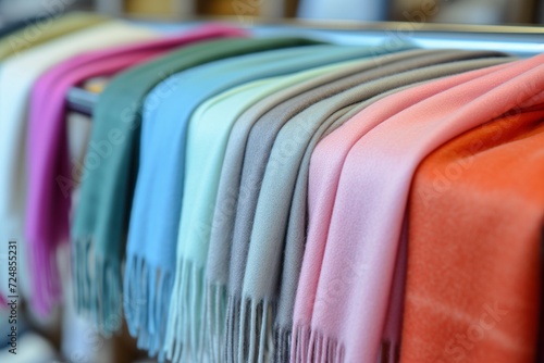 soft, cashmere scarves neatly spaced on a horizontal retail arm