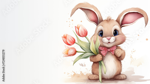 Adorable Cartoon watercolor Bunny Holding a Bouquet of Tulips.