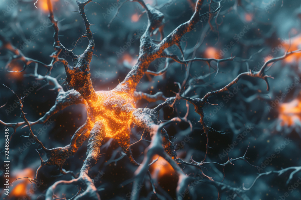 3D structure of nerve cells in this stunning scientific render, providing an informative and aesthetically pleasing representation for an innovative and educational study in neuroscience.