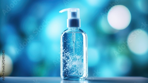 Closeup of a bottle of liquid soap against a bokeh background