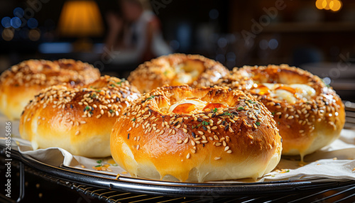 Freshly baked bread, a gourmet snack on the table generated by AI