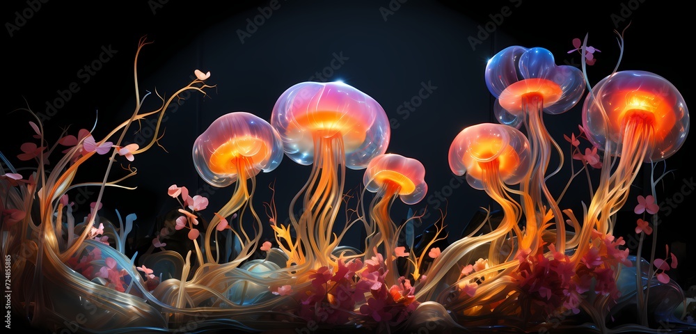 Bioluminescent creatures dancing in the abyss, casting vibrant reflections Bioluminescent creatures dancing in the abyss, casting vibrant reflections