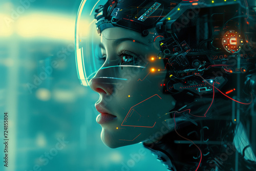 Experience the futuristic allure of a cyberpunk city with an attractive female cyborg, blending modern fashion, neon lights, and advanced technology in a visionary portrait of beauty and innovation.