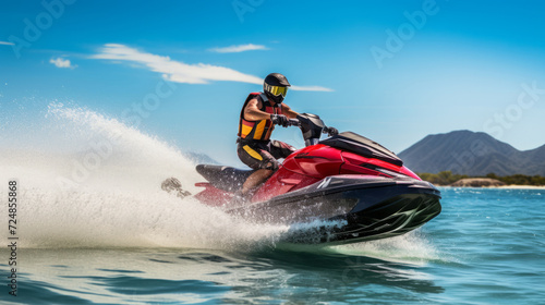 A man driving a jet ski in the warm sea on a bright summer day. Guy having fun driving a jet ski on his summer vacation. Guy riding a fast jet ski in the sea.