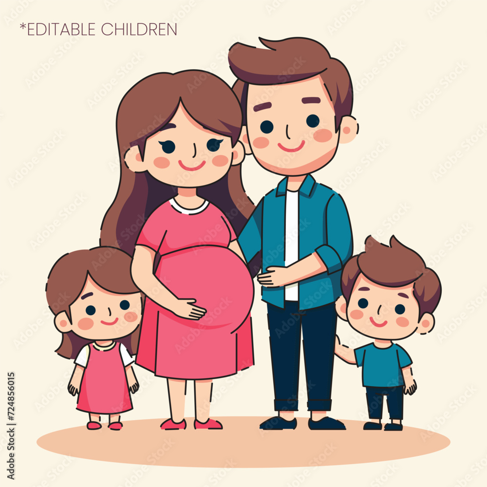 Happy family, pregnant mother, husband and children. children can adjustable, flat design vector illustration