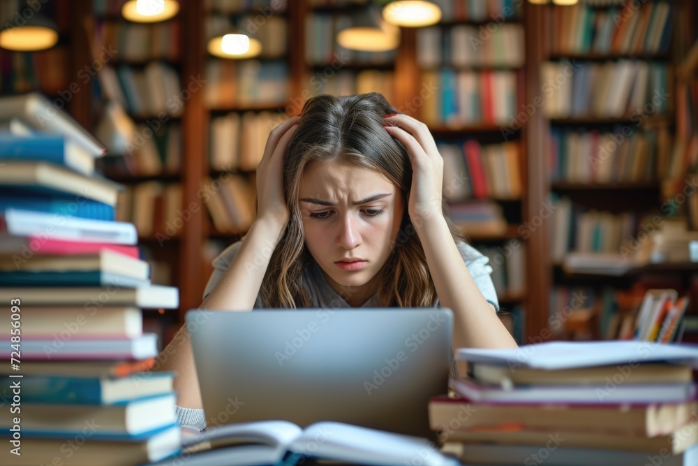 Overwhelmed girl with laptop at online education. Overwhelmed girl with laptop at online education.