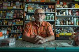 Portrait of the owner or a manager at the counter in a small local business American convenience store (bodega), in Los Angeles, California.