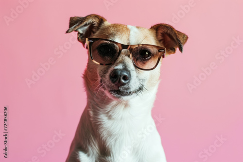 dog wearing sunglasses on pastel background. © tonstock