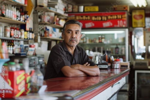 Portrait of the owner or a manager at the counter in a small local business American convenience store (bodega), in Los Angeles, California. 