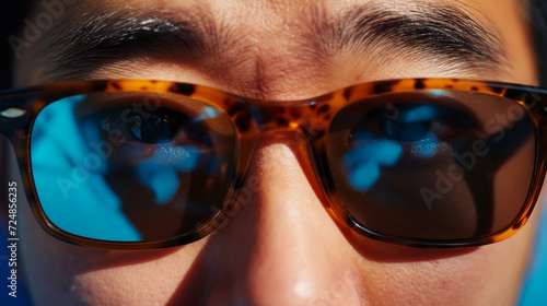 A stylish asian man's face sporting aviator sunglasses, adding a touch of cool to their human face while protecting their vision with the trendy eyewear accessory