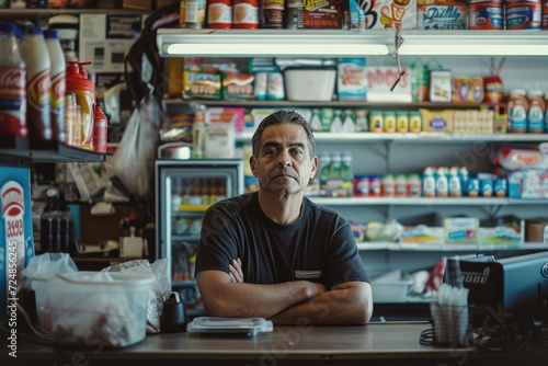 Portrait of the owner or a manager at the counter in a small local business American convenience store (bodega), in Los Angeles, California. © Straxer