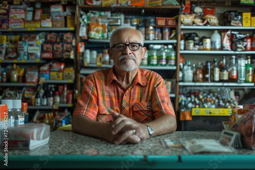Portrait of the owner or a manager at the counter in a small local business American convenience store (bodega), in Los Angeles, California.