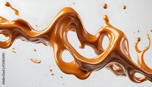 Splash of Melted caramel sauce floating in motion on white background.